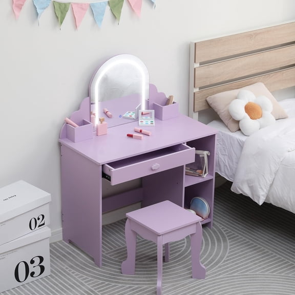 Garvee Kids Vanity with Lighted Mirror, 2 In 1 Little Girls Vanity Table & Stool, Kids Makeup with Drawer & Open Shelves for 3-9 Yrs Girls