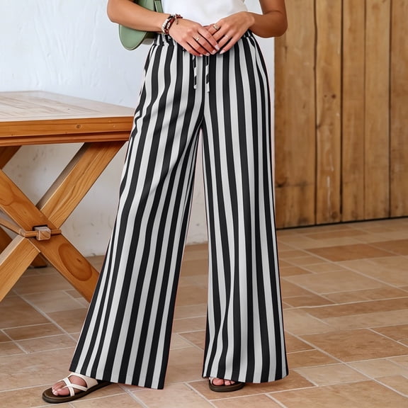 Mifsaly Striped Pants Women Wide Leg Casual Trousers Lightweight Relaxed Fit Lounge Everyday Bottoms Black,XXL
