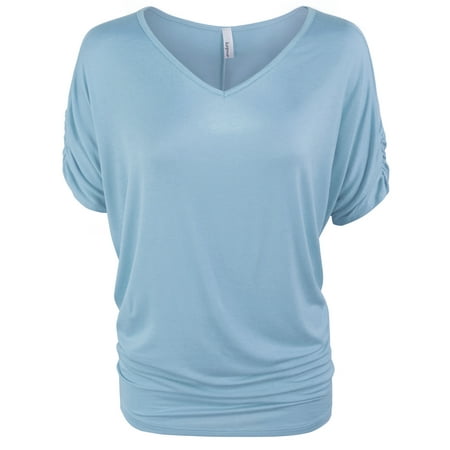 - KOGMO Womens Solid Basic V neck Dolman Tunic Top with Sleeve Shirring