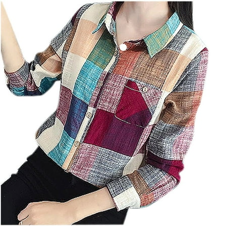 

Dtydtpe Casual Tops Sleeve Women Long Turn-Down Casual Shirts Button Collar Plaid Women Shirts Knitted Maternity Sweater