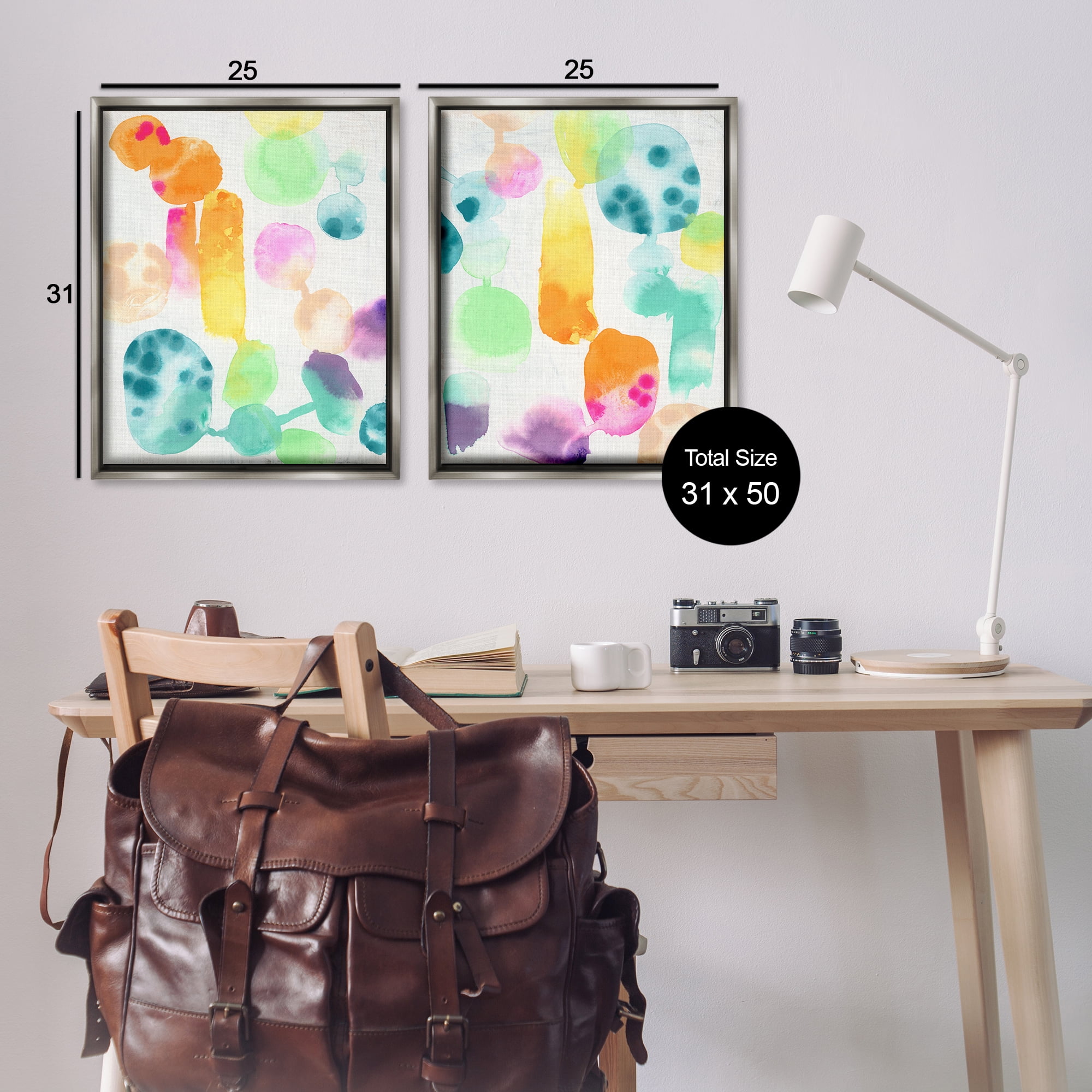 Stupell Industries Neon Colorful Abstract Shapes Abstract Painting Gray Floater Framed Canvas Art Print Wall Art, 31 x 25, Set of 2