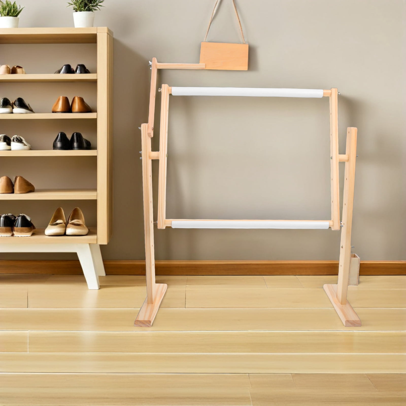 PAMINGONO Adjustable Beige Pine Embroidery Hoop Stand for Crafts with Height Control - 1 Set