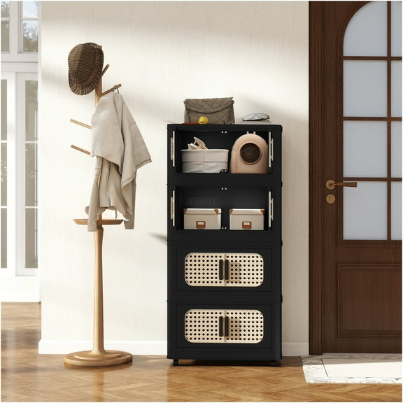 JERFIT 4-Tier Rolling Storage Cabinet with Magnetic Doors, Collapsible Organizer Bin on Wheels for Kitchen, Bedroom, Living Room, Black Plastic Utility Cart