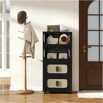 JERFIT 4-Tier Rolling Storage Cabinet with Magnetic Doors, Collapsible Organizer Bin on Wheels for Kitchen, Bedroom, Living Room, Black Plastic Utility Cart