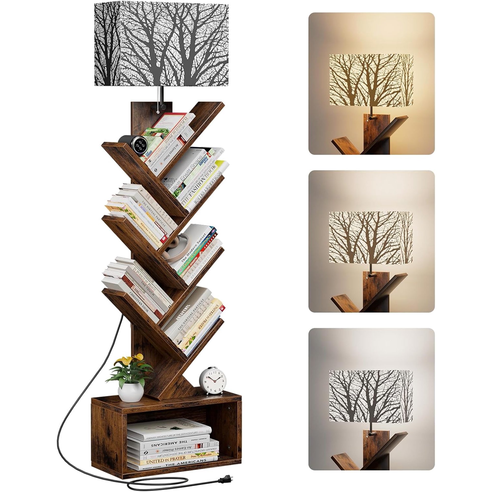 6 Tier Tree Bookshelf with Light Bookcase Branch Pattern | Narrow Tower Design Storage Cabinet for Book Organization Tall Floor Standing Use Living Room Bedroom and Home Office