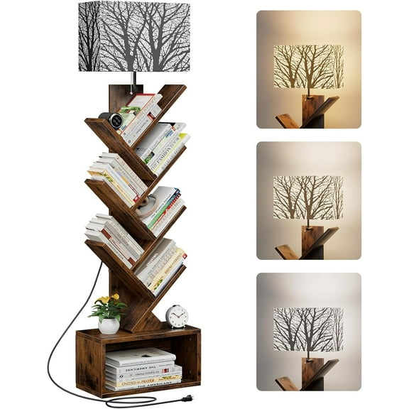 Tree Bookshelf with Light, 6 Tier Small Bookcase, Narrow Floor Standing Book Tower Organizer with Storage Cabinet for Living Room, Bedroom and Home Office, Rustic Brown