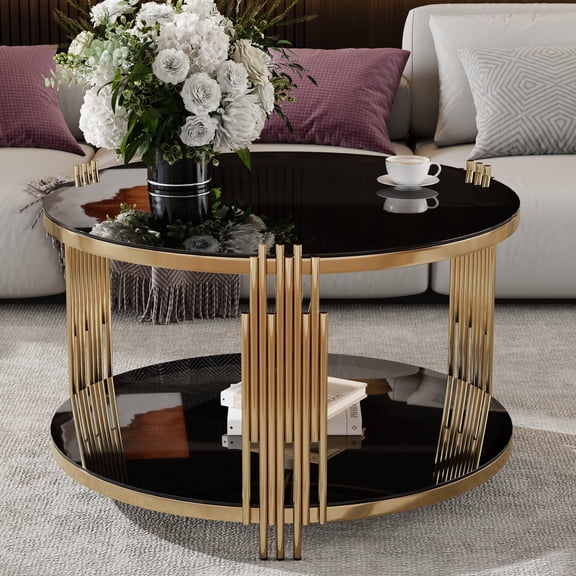 EUROCO 31.5" Round Coffee Table,Modern Tempered Glass Tea Table with Metal Base,Gold Finish and Lower Shelf,2 Tier Circle Dining Table for Study Room Reception Room,Black