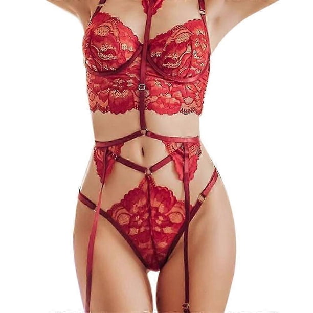 Womens Halter Neck Sexy Lingerie Sleepwear Lace Bra G-string Set Underwear Lace Nightwear Outfits