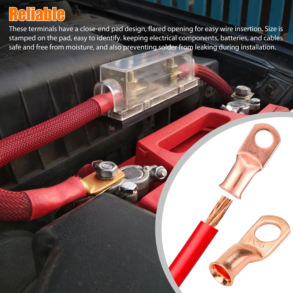 CIRCLE- 10X 4 Awg Gauge Copper Lugs + 10X Heat Shrink Ring Terminals Wire Connectors Kit