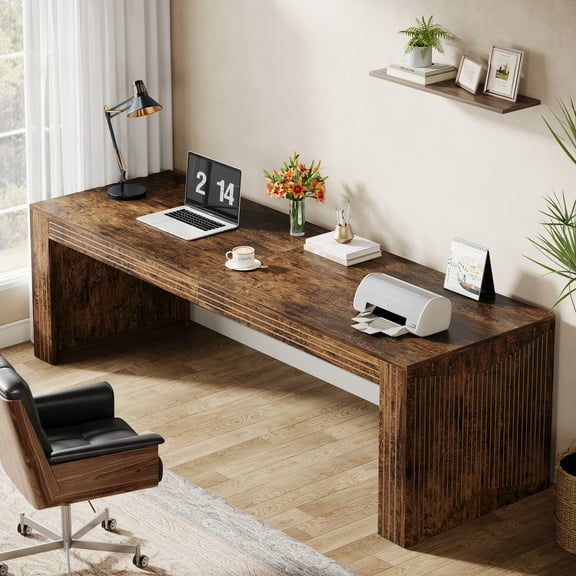 Finmind 79 Inch Computer Desk, Farmhouse Study Desk for Two Person, Wooden Extra Long Computer Desk, Writing Desk for Home Office, Living Room, Vintage Brown