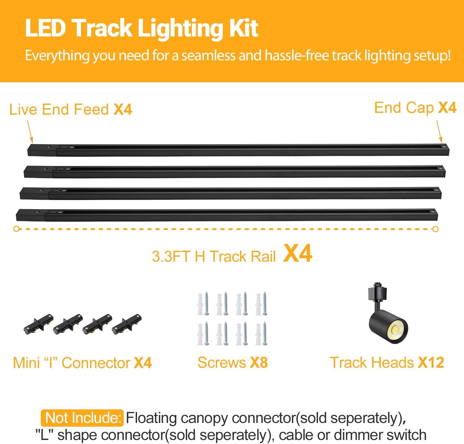 VANoopee 12-Light LED Track Lighting Kit with 13FT H Type Track Lighting Rail, Dimmable LED Track Lighting Fixtures Kitchen Ceiling Spot Light 3000K 24° CRI90+ 10W 800lm Black