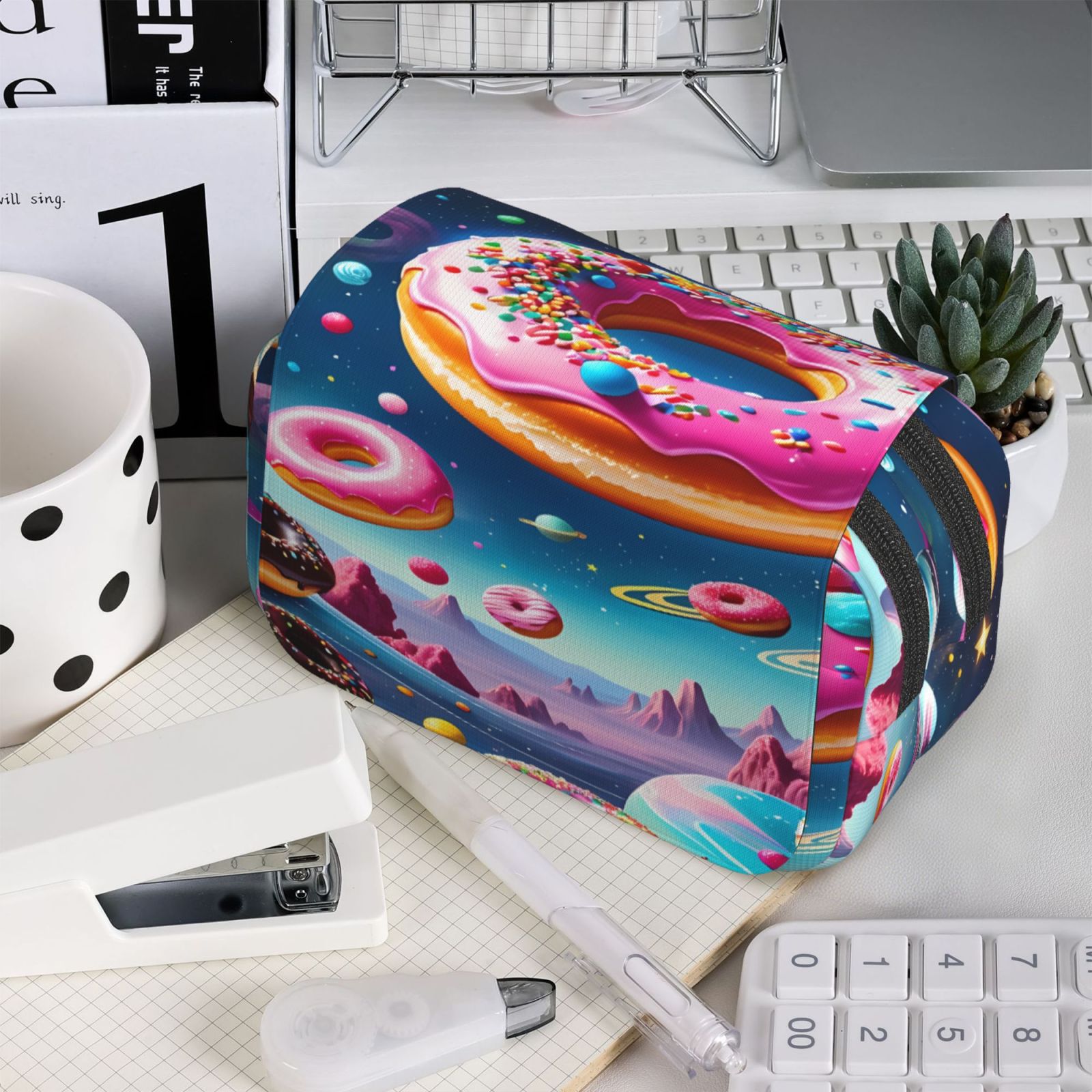 Rateoe Starry Sky Colorful Donut Pattern Double Clamshell Pen Case, Storage Organizer with Two Zipper Compartments– Holds Up to 50 Pencils & Pens