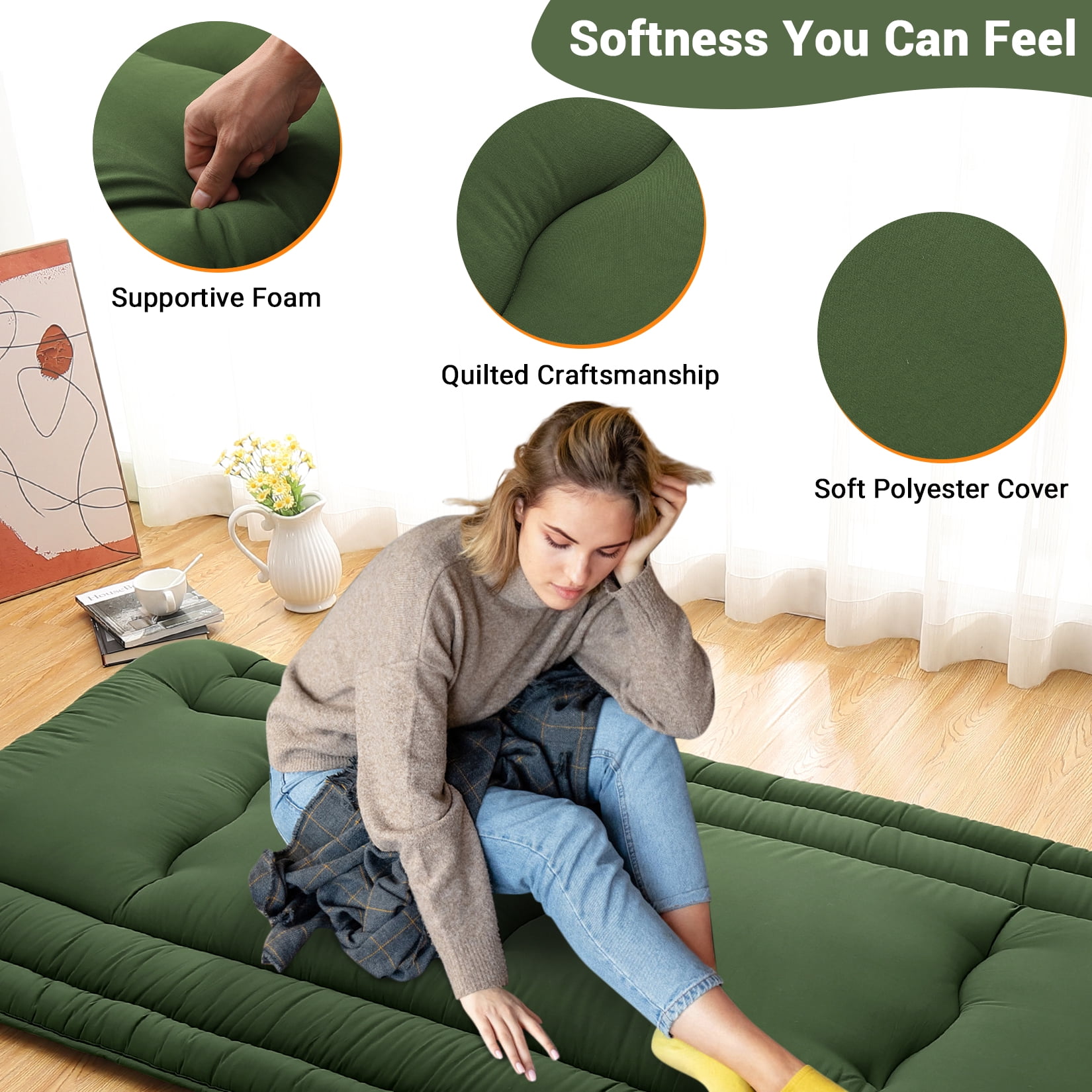 Twin Size Foldable Floor Mattress, Japanese-Style Roll-Up Foam Sleeping Mat, Space-Saving Tatami Floor Bed for Living Room or Bedroom, Army Green