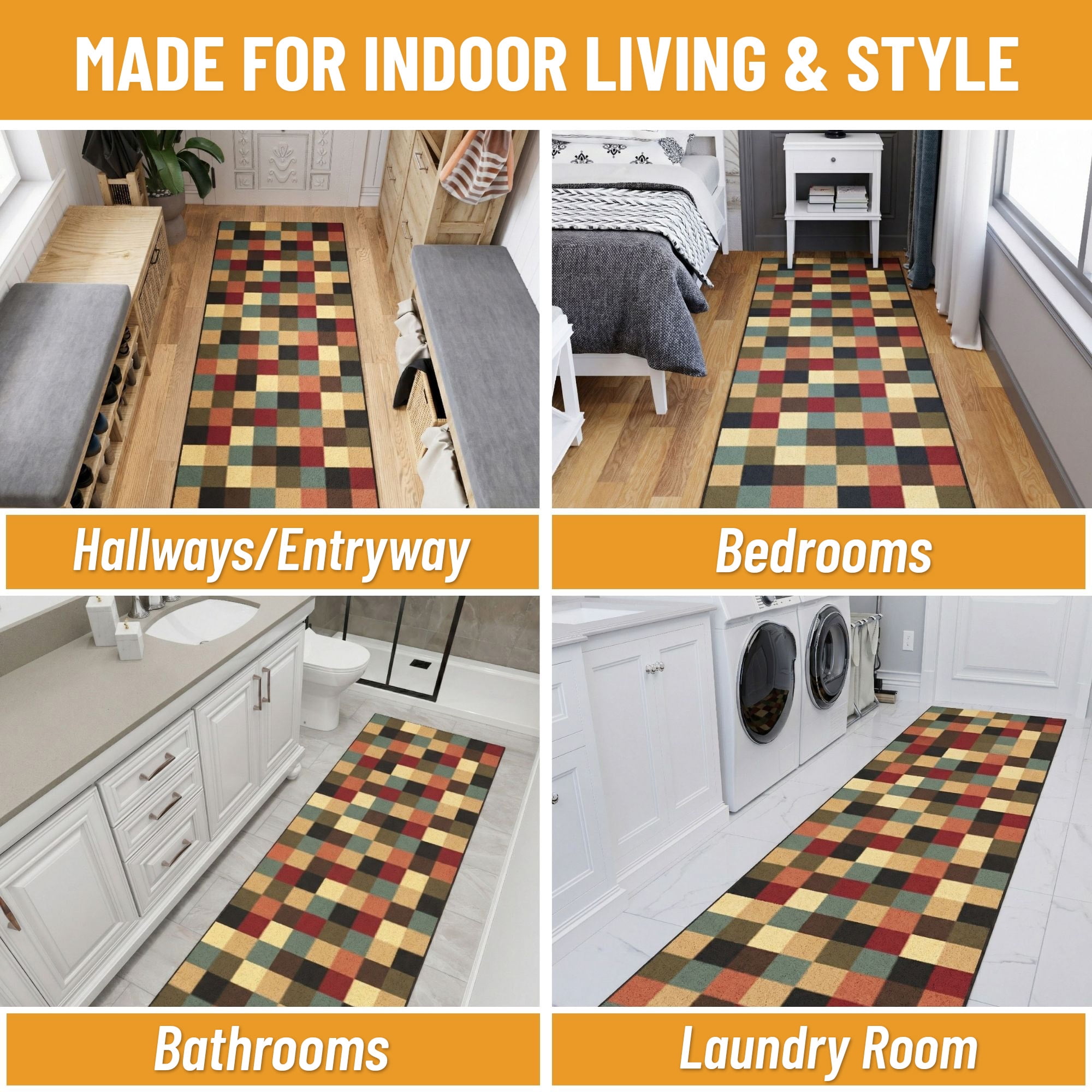 Ottomanson Extra Long Runner Rug 2'7" x 15' – Non-Slip Low Pile Hallway Carpet, Checkered Multicolor