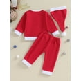 thumbnail image 5 of Toddler Girls Boys Christmas Outfits 6M 12M 18M 24M 3Y 4Y 5Y Belt Buttons Patchwork Long Sleeve Tops Pants Santa Hat 3Pcs Fall Clothes Set, 5 of 10