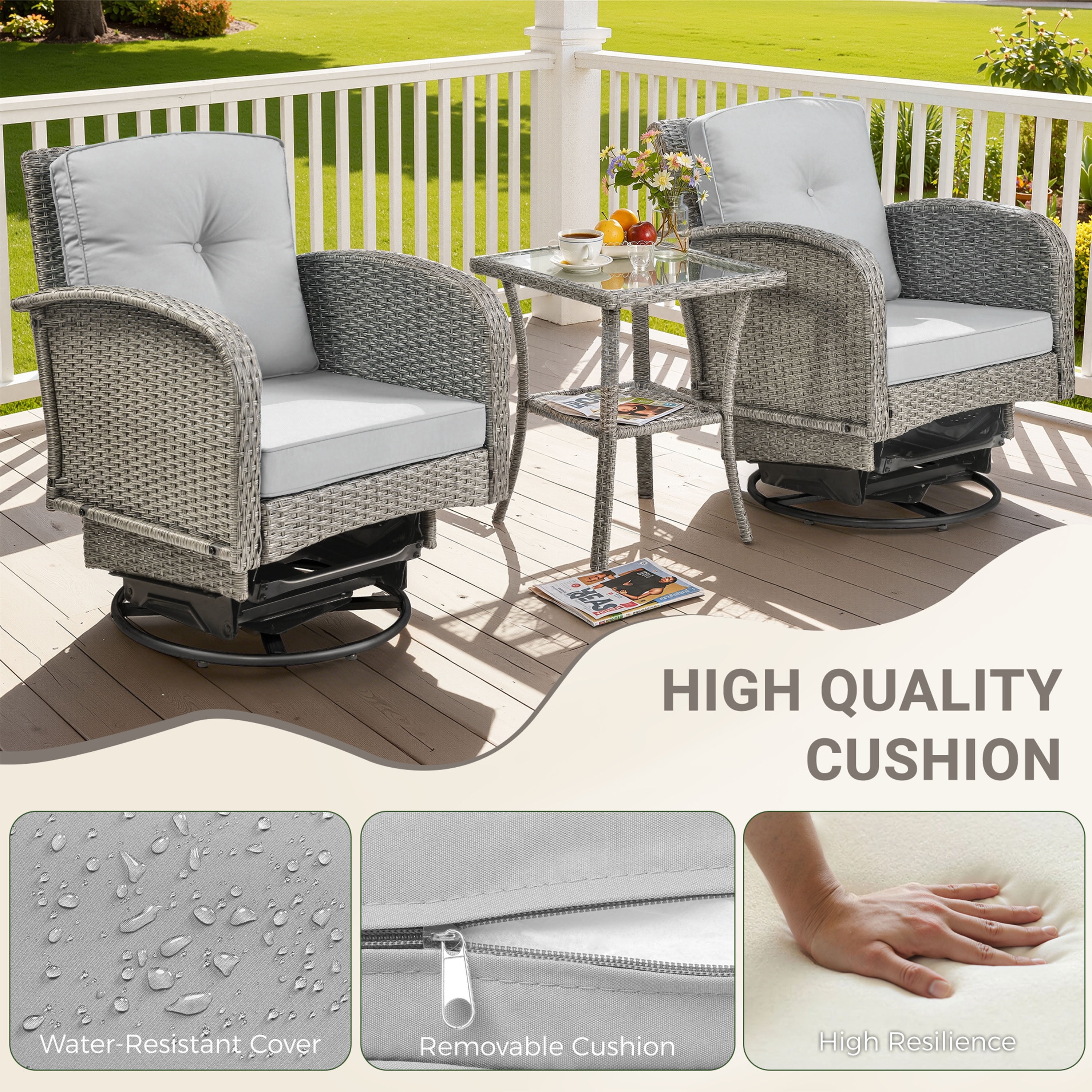 3 Piece Outdoor Bistro Swivel Chairs Set, Patio Bistro Set w/ 360° Swivel Rocking Chairs & Table, All-Weather Conversation Set with Metal Frame for Patio Backyard Porches or Garden - Light Gray