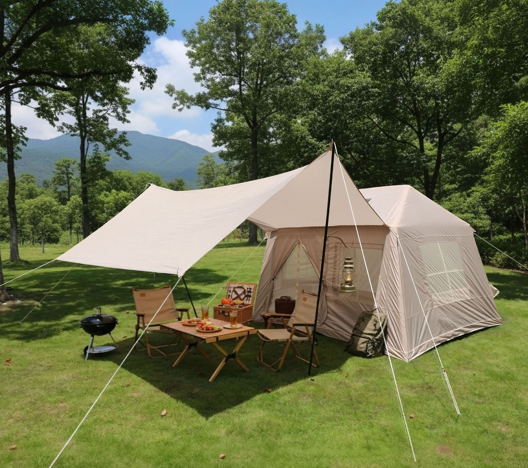 CQSXDA 5.72m² Inflatable Camping Tent in Unique Design with Stove Jack, Mesh Windows & Pump for Outdoor Adventure