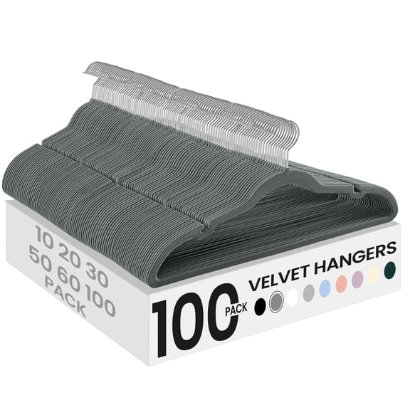SONGMICS Velvet Hangers 100 Pack, Non-Slip Clothes Hangers with Shoulder Notches, Pants Bar, 360° Swivel Hook, Space-Saving, for Closet, Gray UCRF029G100