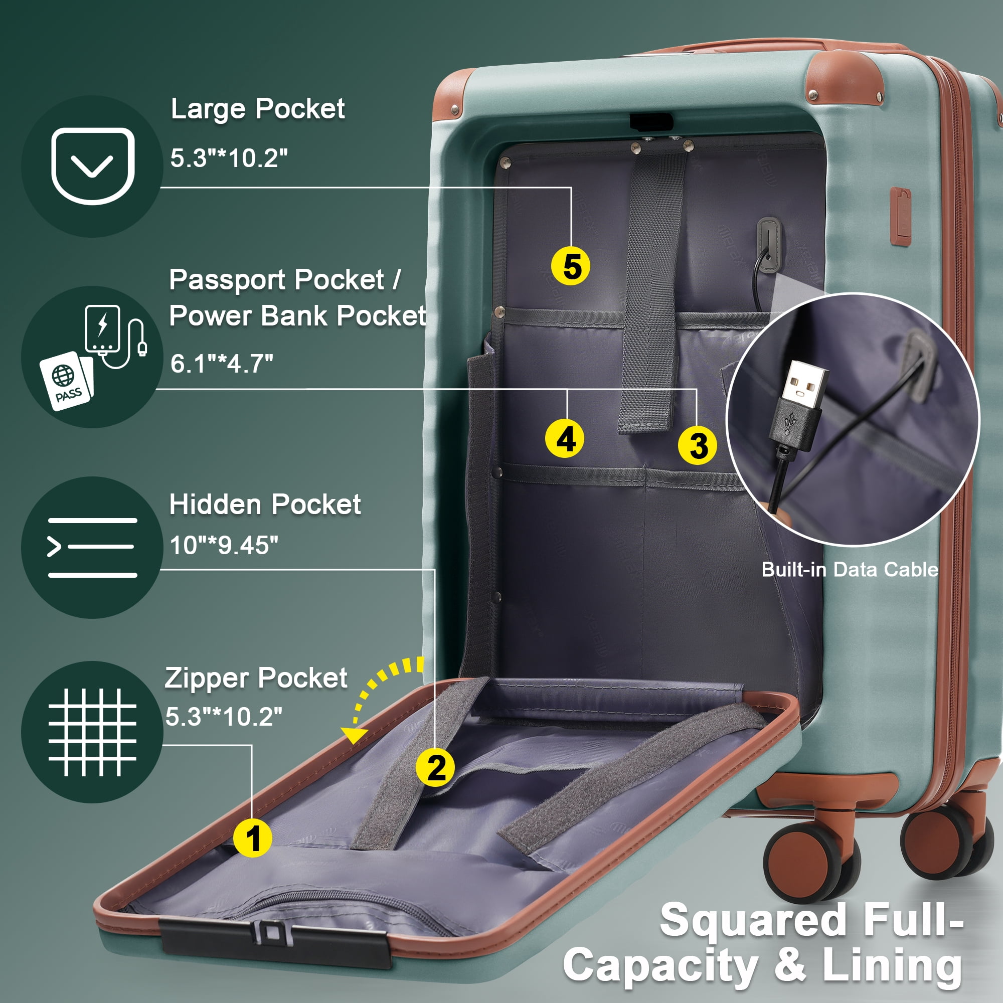 3-Piece Luggage Set, 20"24"28", USB Port, Cup Holder, Expandable, TSA Lock, Travel Accessories