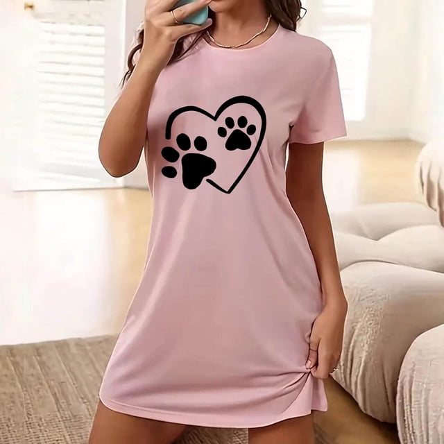 Weiqiqre Vêtements de Nuit pour Femmes Imprimé Cœur Manches Courtes Col Rond Chemises de Nuit Nuisette Robe de Nuit