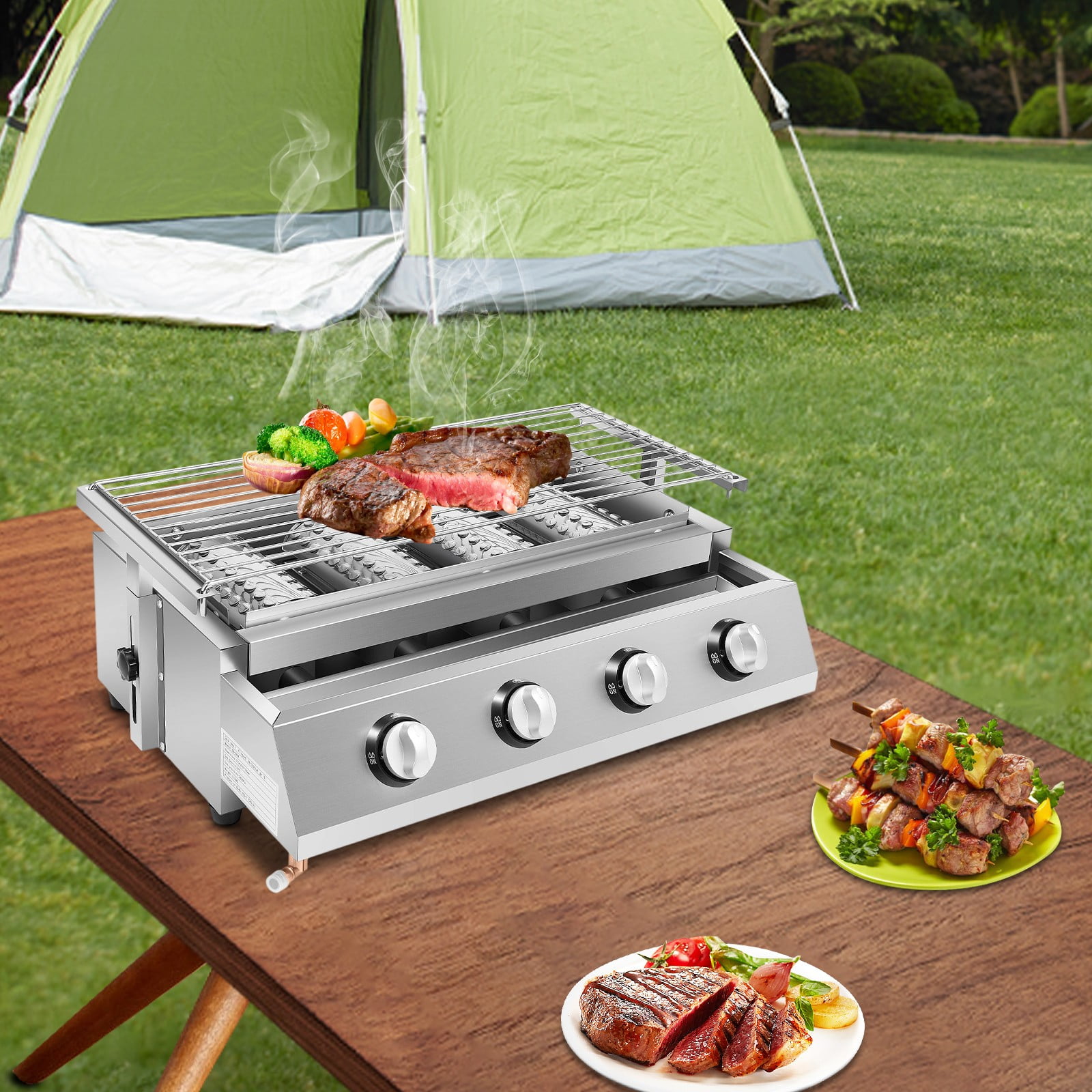 22.4*15.4*6.9 Freestanding Silver Stainless Steel Commercial Gas BBQ Grill With Steel Grilling Mesh 4 Burners