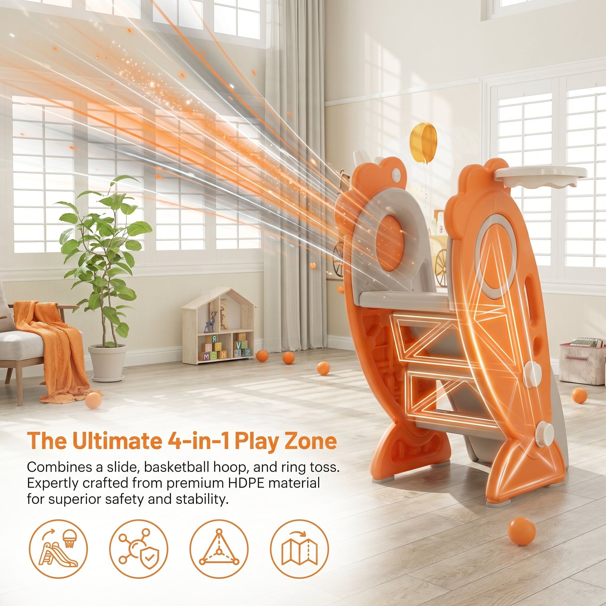 Kadyn Toddler Slide Kids Slide, 4 in 1 Indoor Slide for Kids Age 3+ Years with Basketball Hoop and Rings, Orange