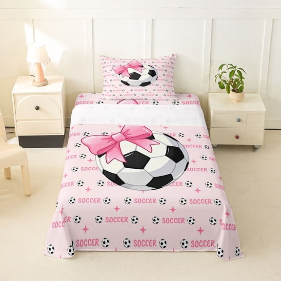 Feelyou Pink Bowknot Soccer Twin Sheets for Girls, Cartoon Stars Print Bedding, 3-Piece, 1 Flat Sheet, 1 Fitted Sheet and 1 Pillowcase