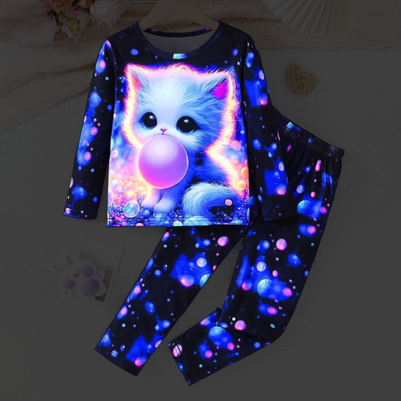 Little Girls Outfit Sets 2 Piece Glow Kitty Print Long Sleeve Top with Pants Comfortable Loungewear Set Size 2-3Y