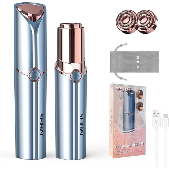 Facial Hair Remover for Women's Face Chin Lip Mustache Neck Armpit Peach Fuzz, SEIHAI Electric Painless Hair Removal Device with 2 Replacement Heads