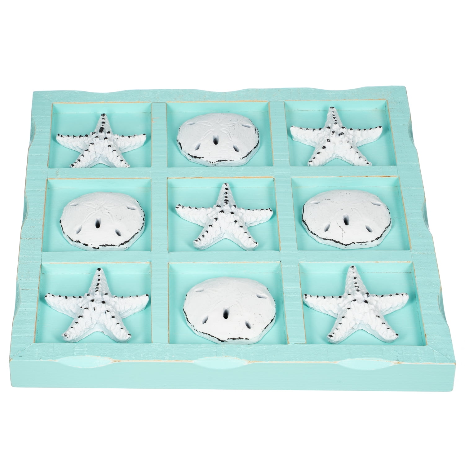 Beach Tic Tac Toe Game - 9" X 9" Seafoam Blue Tic Tac Toe Decor Home W/ White Resin Starfish & Sand Dollars - Real Wooden Tic Tac Toe Game - Tic Tac Toe Coffee Table Game - Nautical Board Game