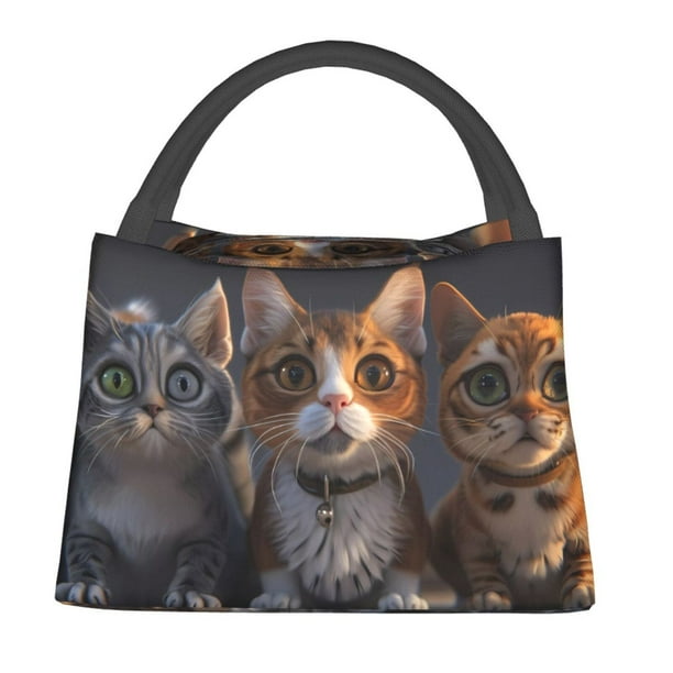 Easygdp Wide Eyed Cartoon Cats Bolsa de Almuerzo Insulada Reutilizable, Bolsa de Mano y Bandolera para Oficina, Trabajo, Viajes