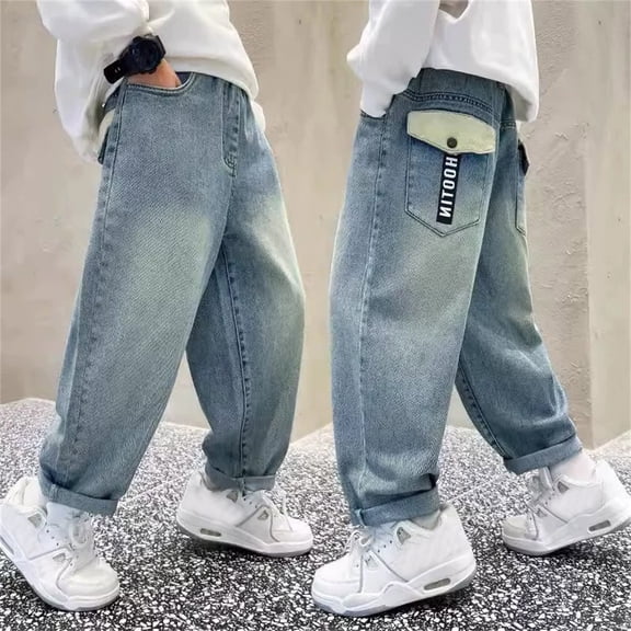 Boys Jeans Size 2-3Y Straight Wide Leg Denim Trousers Comfortable Playwear Spring Loose Casual Big Youth Kids Pants Blue