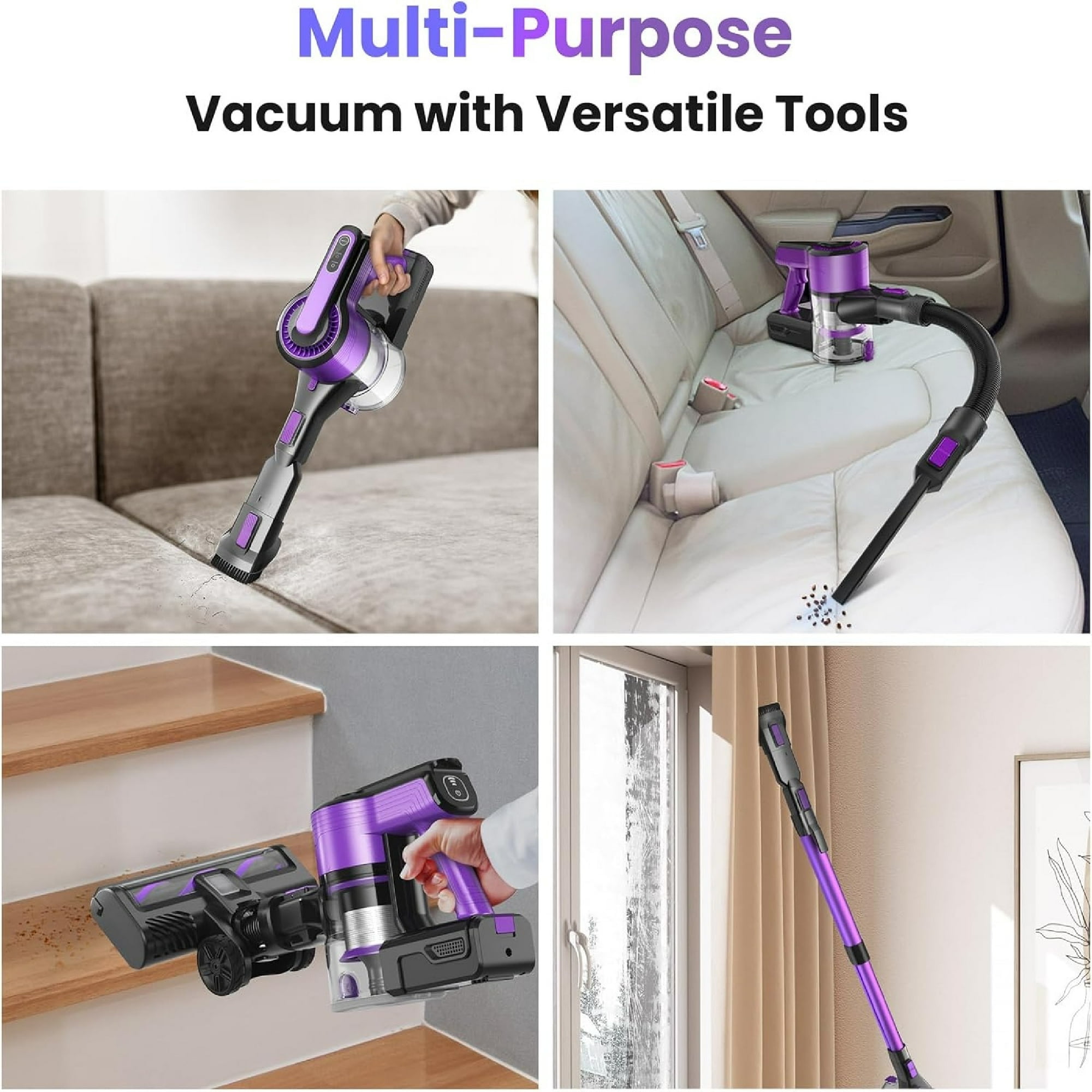 Cordless Vacuum Cleaner,30Kpa 60min Runtime Lightweight Stick Vacuum,8 in1 Self-Standing,Rechargeable Vacuum Cleaners for Pet Hair,Carpet,Hardwood Floor V870(Purple)