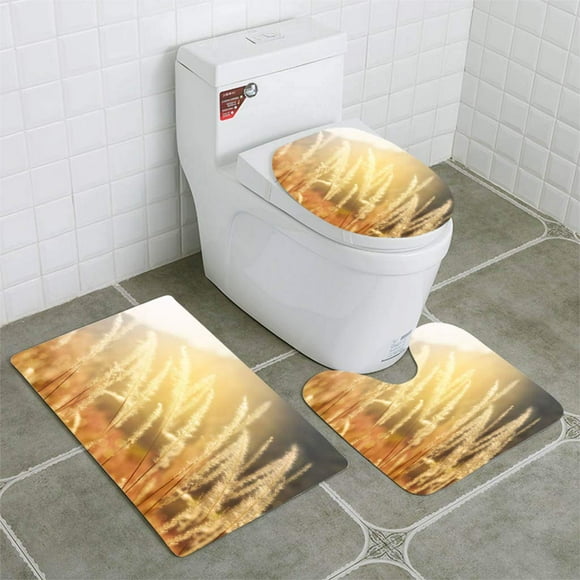 EREHome Mission Grass backlitght Glow Against Sunlight 3 Piece Bathroom Rugs Set Bath Rug Contour Mat and Toilet Lid Cover