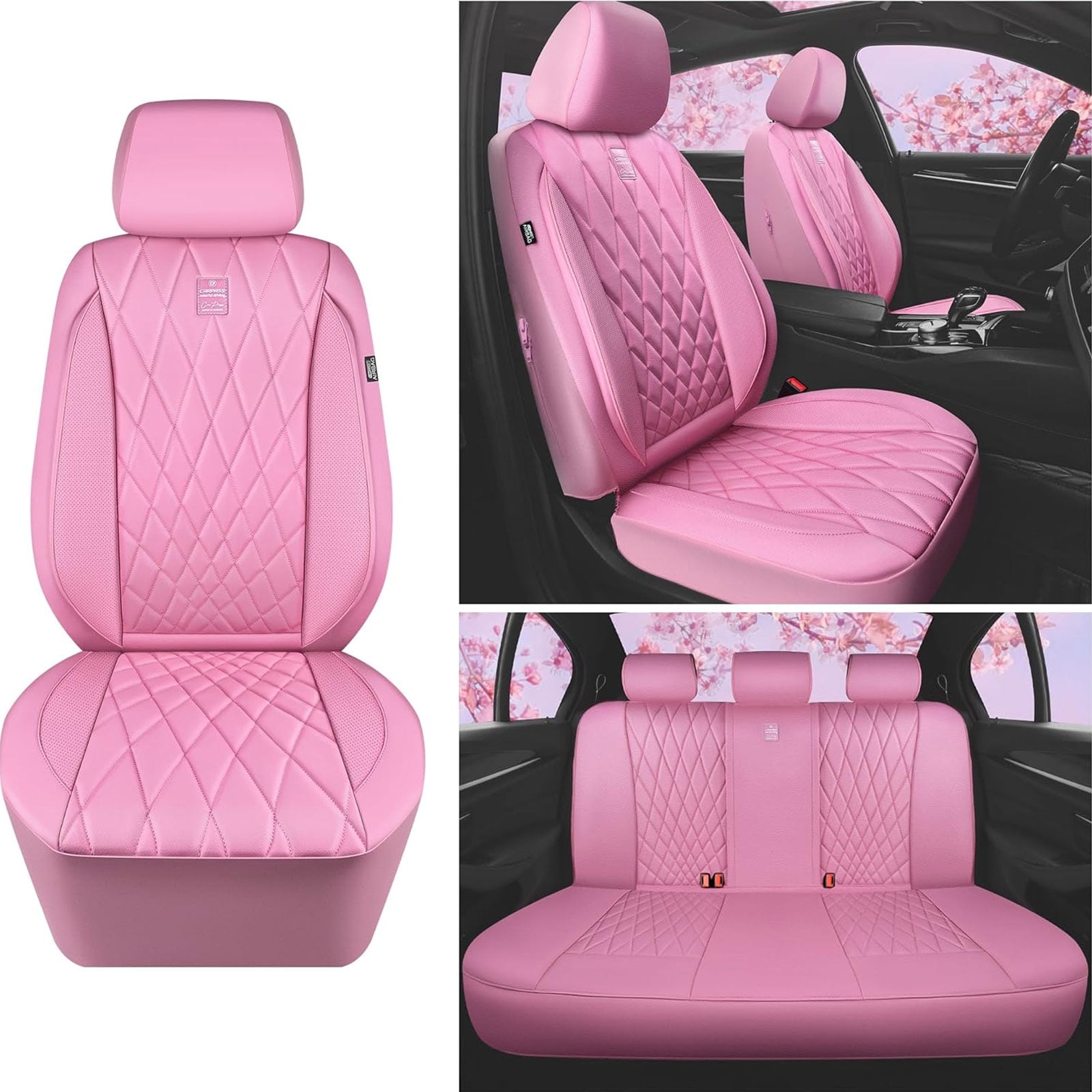 CAR GRAND Piping Luxury Faux PU leather Full Set Car Seat Covers Water Proof Armrest Airbag Compatible Universal Fit SUV VAN Truck All Pink