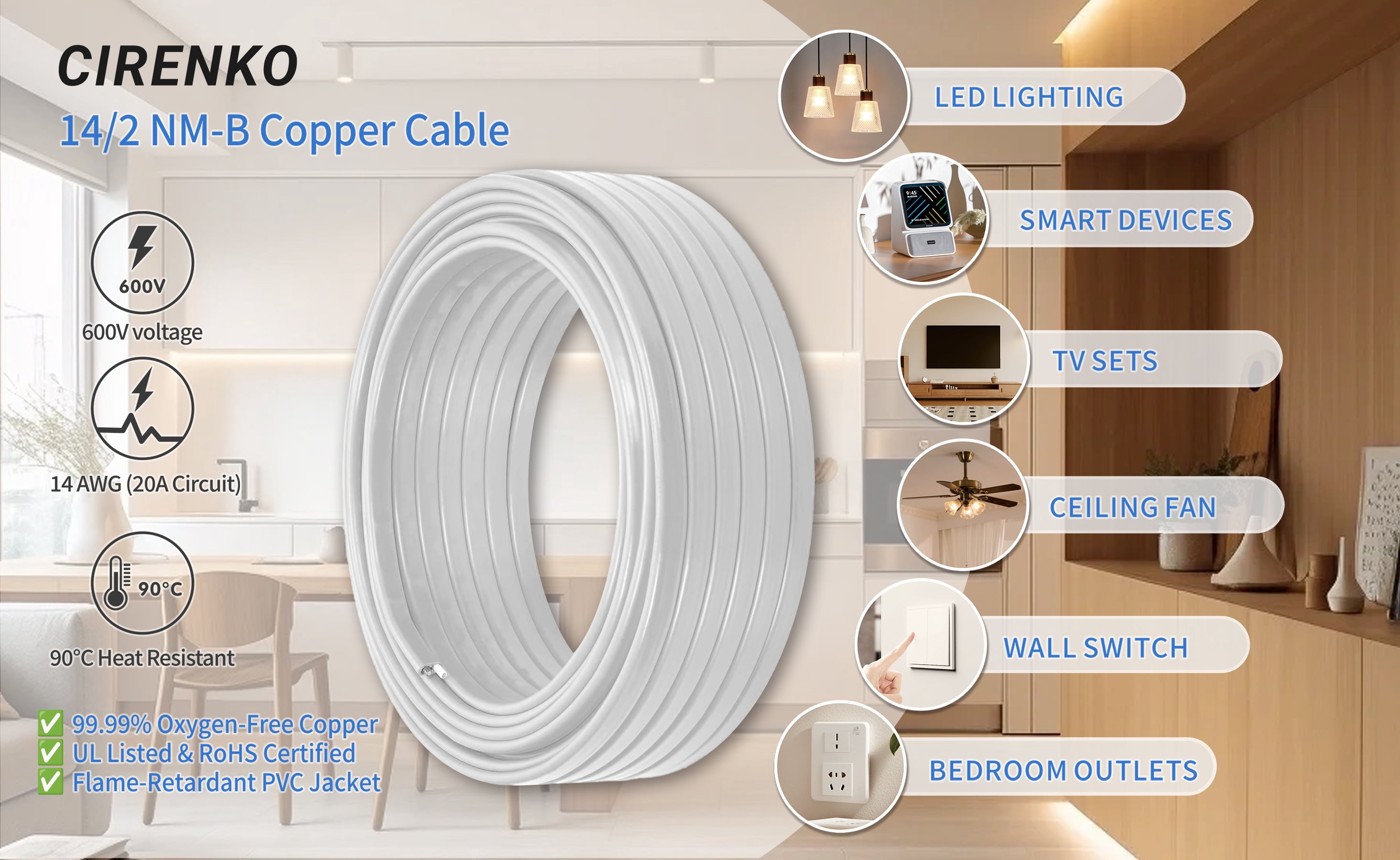 14/2 NM-B Cable 100 FT – UL Listed Residential Indoor Electrical Wire with Ground, Solid Bare Copper, 600V