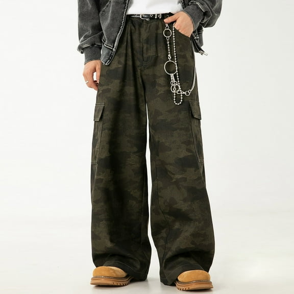 Conairie Mens Regular Fit Cargo Pants Camouflage Retro Straight Leg Denim Jeans Comfortable Work Long Pants Travel Trousers with Pocket CE2 XXXL