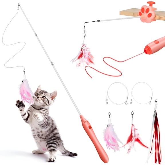 IKUSO 3 in 1 Cat Feather Toys, Interactive Cat Feather Teaser Wand Toys, Fun Kitten Kitty Toy（Pink）