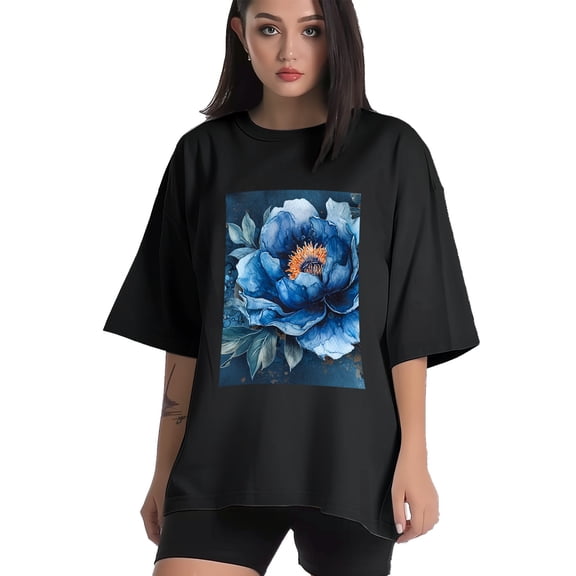 Plus Size Shirt for Women Black Tops for Women Short Sleeves Shirt for Women Peony T Shirt Crewneck Shirt for Women XS