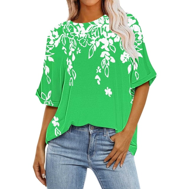 Camisas de Manga Corta para las Mujeres Blusa Suelta de Impresión Recortada Casual, 95% Poliéster 5% Spandex Top para Gimnasio, Diario Y Verano