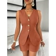 thumbnail image 5 of Women'S Summer 2 Piece Outfits Sleeveless Matching Sets Button Down V Neck Vest Waistcoat and Pockets Shorts Brown L, 5 of 8