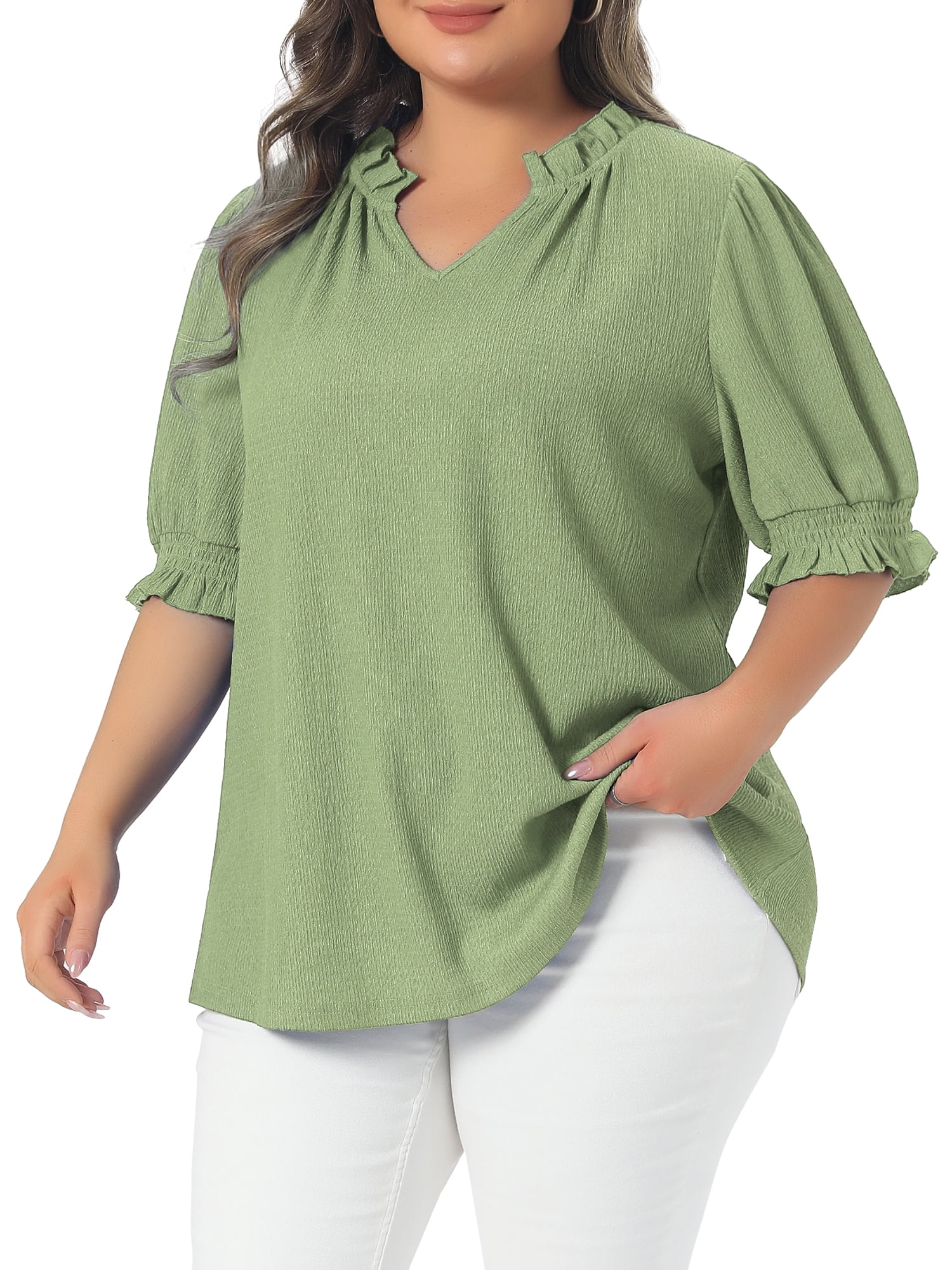 DARING DIVA Women's Plus Ruffled Trim V Neck Puff Sleeve Top 2X Green