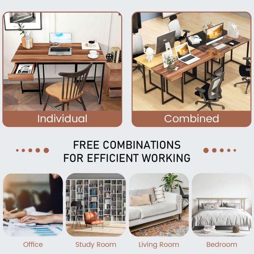 Demi Bonn 48" Computer Desk with Metal Frame and Adjustable Pads, Small Home Office Desk Study Writing Table, Walnut