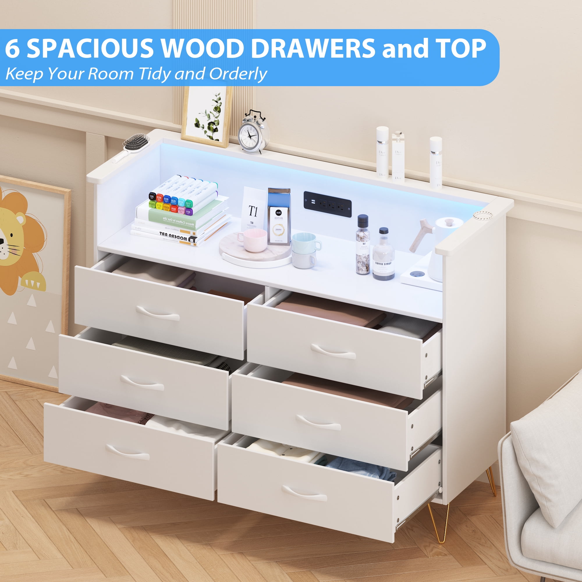Homhougo Dresser for Bedroom 6 Drawer White with LED Light & Charging Station, Wooden Dressers and Chests of Drawers with 2-Tier Open Shelves, Wide Dresser Organizer for Living Room Hallway Entryway
