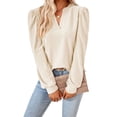 thumbnail image 3 of BadPiggies Women's Blouses Puff Sleeve Tunic Tops V-Neck Long Sleeve Casual Fall Shirts (2XL, Beige), 3 of 8