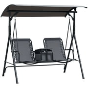 Outsunny 2 Person Porch Swing with Canopy, Storage Table, Cup Holder, Gray