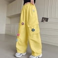 thumbnail image 4 of Bmisegm Girls Cargo Pants Wide Leg with 3D Floral Embroidery Casual Loose Fit Trousers for Kids Comfortable Playwear Trousers for Girls 6-16 Years 01_Yellow,9-10 Years, 4 of 4