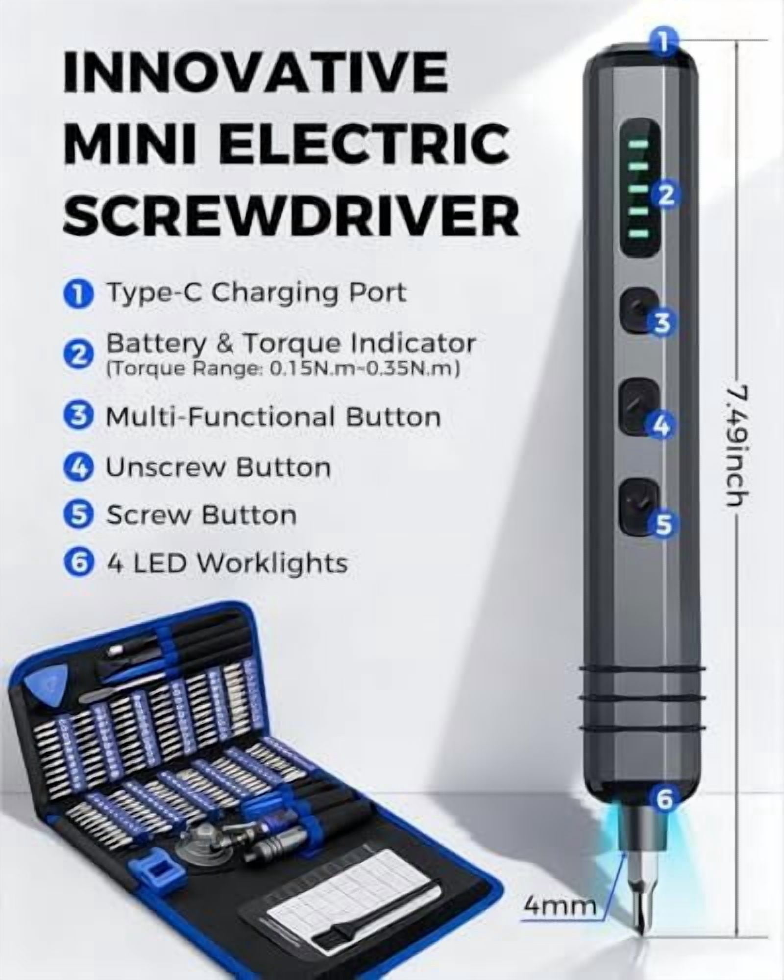 Mini Electric Screwdriver Set 140-IN-1:  Small Electric Screwdriver Cordless - 120 Precision Bits, 5 Torque Settings, LED Light, Magnetic Power Screwdriver Repair Tool Kit for PC RC Electronics