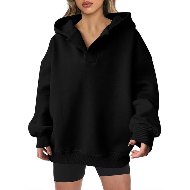Timegard Chandails en Molleton pour Femmes Col en V Manches Longues Chandails à Capuchon Surdimensionnés Haut Blouse Décontractée Ample Confortable Chandail