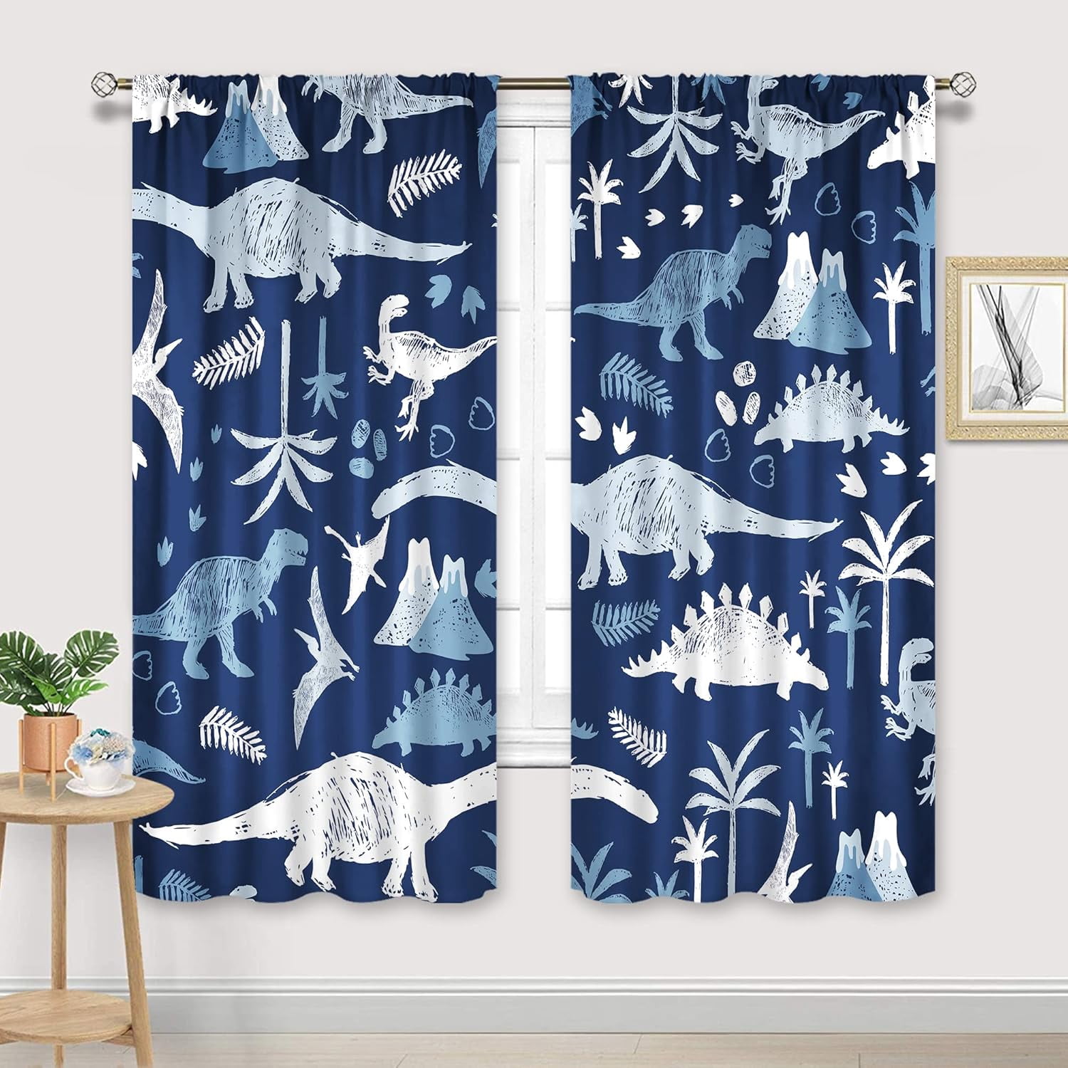 Cartoon Kids Blue Grey Dinosaur Curtains 42Wx63H Inch Rod Pocket Boys Cute Dino Safari Wildlife Child Funny Animal Palm Tree Printed Living Room Bedroom Window Drapes Treatment Fabric 2 Panel